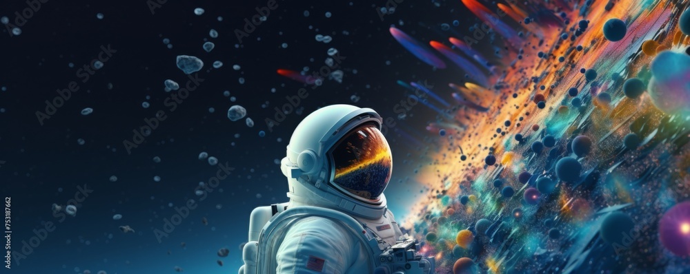 Wall mural astronaut walking in space exploring universe planets and space life, banner. generative ai.