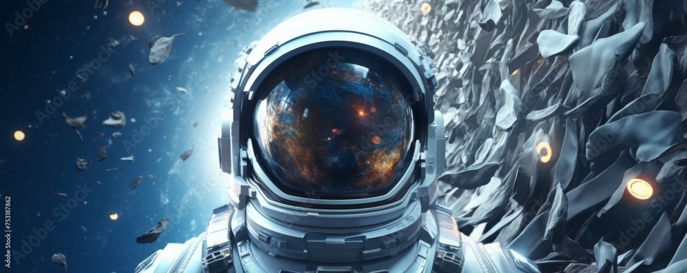 Wall mural astronaut walking in space exploring universe planets and space life, banner. generative ai.