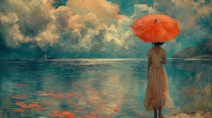 Reflective Solace: Woman with Red Umbrella by the Lake