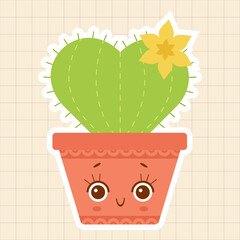 Cute smiling flowering cactus in a red pot in the shape of a heart. Vector illustration in flat style. Cute sticker