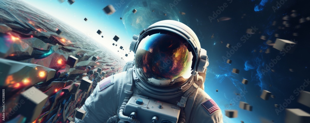 Wall mural astronaut walking in space exploring universe planets and space life, banner. generative ai.