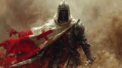 The Crusade's Vanguard: Knight in the Midst of Battle - obrazy, fototapety, plakaty