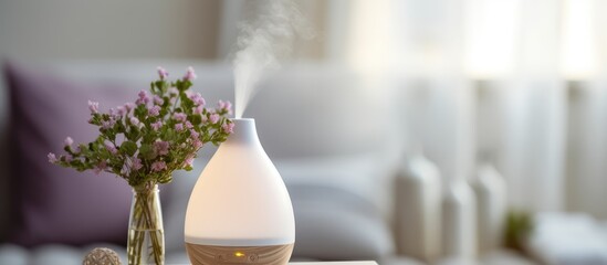 Humidifier using ultrasonic technology for comfortable living conditions Aroma oil diffuser on white table - obrazy, fototapety, plakaty