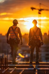 Two construction workers wearing hard hats and safety gear are standing on the roof of a high-rise building. They appear to be inspecting the structure, with the city skyline visible in the background