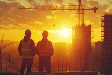  a group of builders silhouetted against the soft hues of sunrise, with the tranquil morning light casting a peaceful ambiance over the construction site