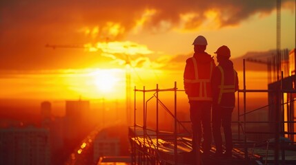 the silhouettes of builders against the vibrant hues of dawn, with the sky painted in shades of orange and pink, symbolizing the beginning of a productive day ahead