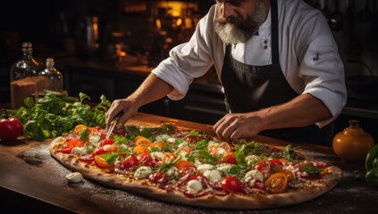 A professional restaurant chef prepares pizza from different ingredients.