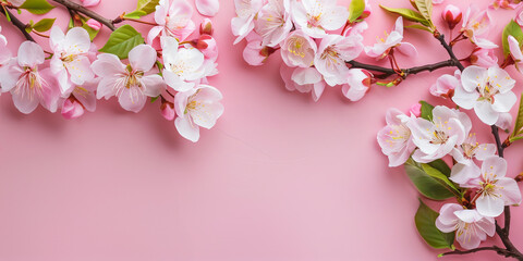 White apple flowers on pink background. Banner, poster template, greeting card for Easter, birthday, mothers or womens day. Spring flat lay with copy space - 753188483