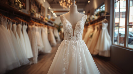 Elegante Versprechen: Ein prachtvolles Brautkleid in einem Brautmodengeschäft - obrazy, fototapety, plakaty