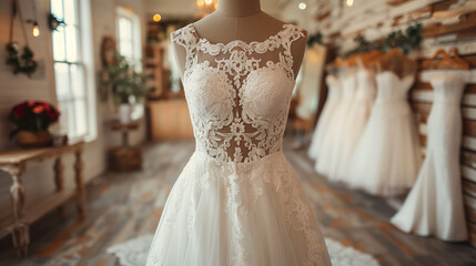 Elegante Versprechen: Ein prachtvolles Brautkleid in einem Brautmodengeschäft - obrazy, fototapety, plakaty