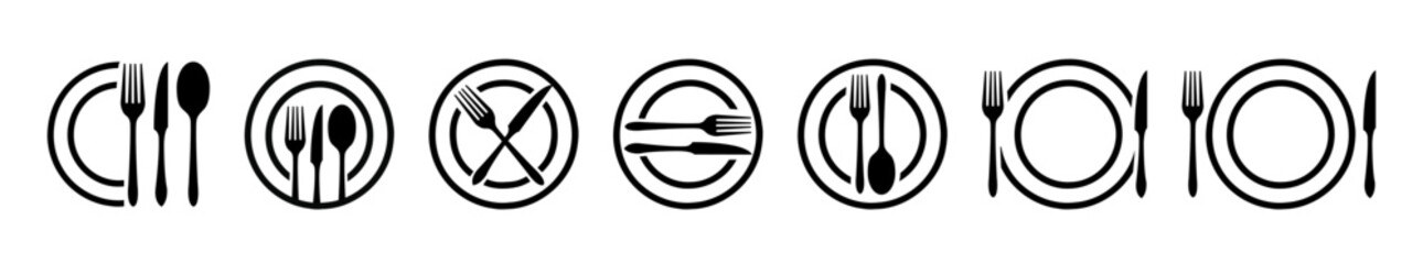 Plate icon set. Top view cutlery - fork knife spoon and serving plate design template. - obrazy, fototapety, plakaty