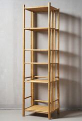 a tall bamboo storage shelf unit isolated on a transparent background