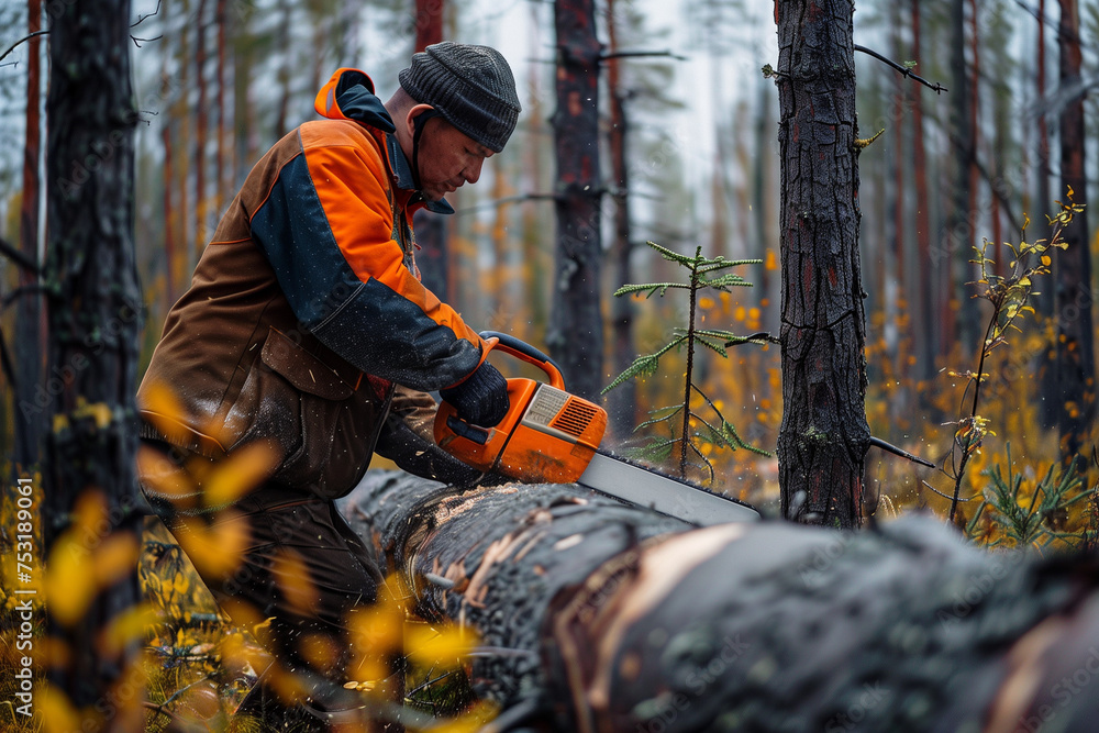 Wall mural woodcutter is cutting wood in the forest with a chainsaw