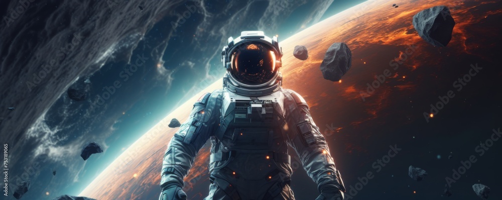 Wall mural astronaut walking in space exploring universe planets and space life, banner. generative ai.