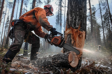 A man is cutting wood in the forest with a chainsaw - obrazy, fototapety, plakaty