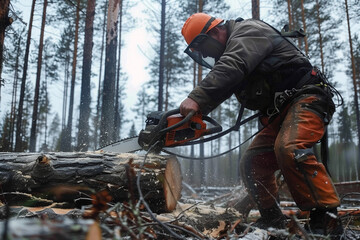 Woodcutter is cutting wood in the forest with a chainsaw