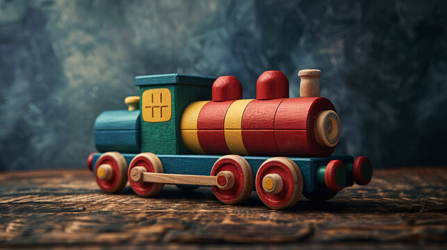 Colorful wooden toy train displayed on a textured surface, with a moody, dark background to highlight its vibrant, playful design. Generative AI - Powered by Adobe