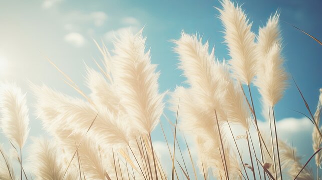 A vintage-style image captures pampas grass in flower with a retro effect cyanotype finish, creating a nostalgic atmosphere with leaf and flower spears pointing into the sky.