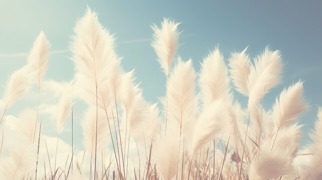 A vintage-style image captures pampas grass in flower with a retro effect cyanotype finish, creating a nostalgic atmosphere with leaf and flower spears pointing into the sky.