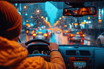Close-up of a taxi driver's hands on the wheel navigating busy traffic.
