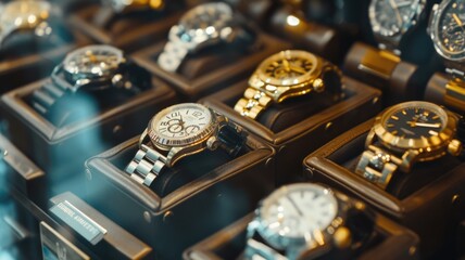 Collection of vintage and modern watches displayed in a luxurious watch store, highlighting the diversity of timepieces for National Watch Day