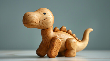 Adorable wooden dinosaur toy with a friendly expression, crafted with a smooth finish on a soft...