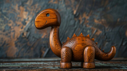 Whimsical wooden dinosaur toy with detailed carvings, smiling playfully against a textured slate...