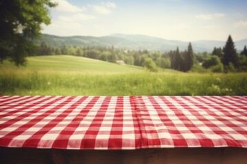 wooden table with a red checkered tablecloth on a blurred background with countryside. mockup picnic for the display of your product. - obrazy, fototapety, plakaty