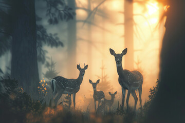Serene Family of Deer Embraced by Mystical Forest Dawn Light Banner