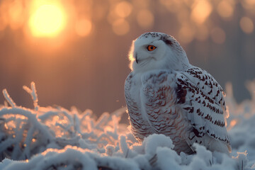Snowy owl sitting in cold winter snow