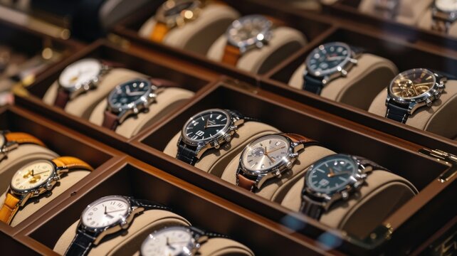 Collection of vintage and modern watches displayed in a luxurious watch store, highlighting the diversity of timepieces for National Watch Day