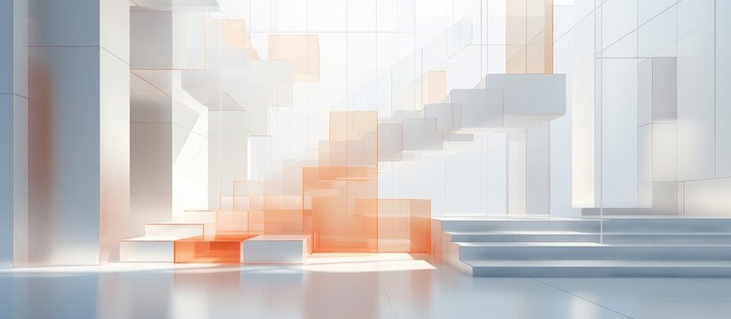 Abstract architectural interior featuring white sculpture and geometric gradient glass lines
