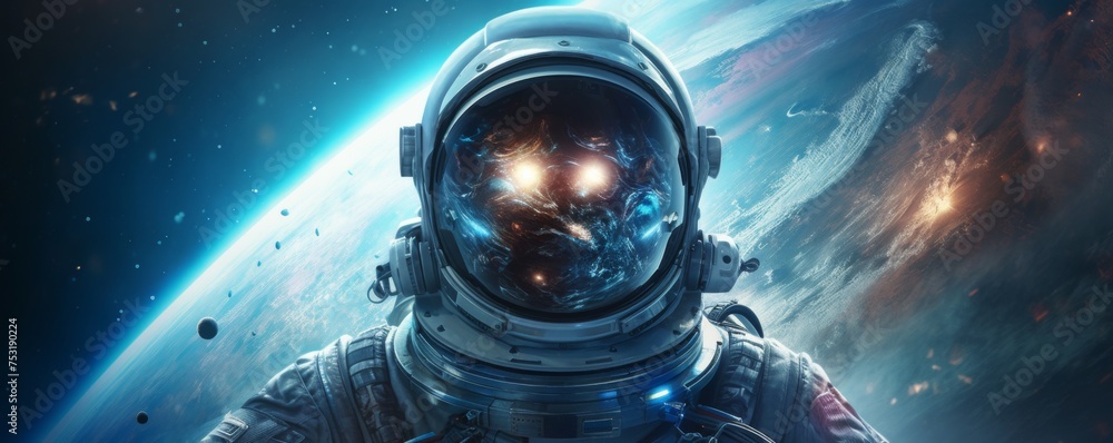 Wall mural astronaut walking in space exploring universe planets and space life, banner. generative ai.