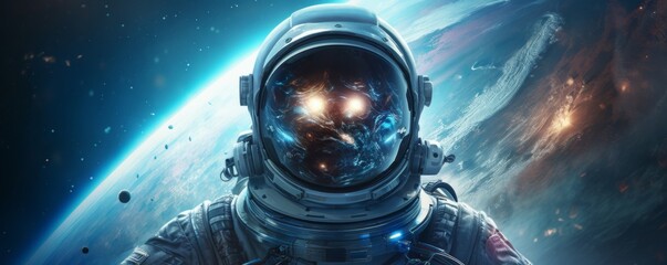 Astronaut walking in space exploring universe planets and space life, banner. Generative Ai.