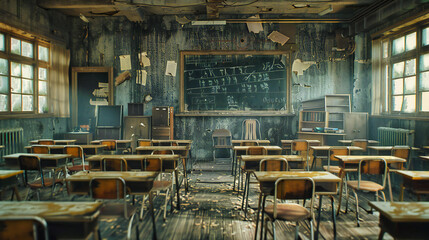Deserted Wooden Classroom, Abandoned School Interior with Chalkboard, Reflection on Education and Time