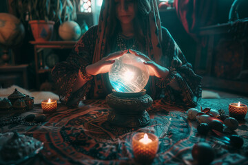 Fortune-teller woman is predicting with a shining crystal ball - obrazy, fototapety, plakaty