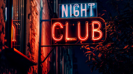 selective focus of a neon lights sign of a night club - prostitution and night club concept - obrazy, fototapety, plakaty
