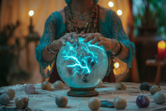 Fortune-teller woman is predicting with a shining crystal ball