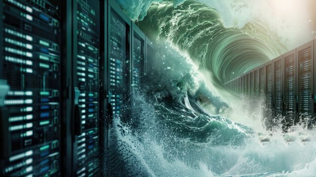 A server rack in a data center being overwhelmed with a flood representing a DDoS cyberattack.
