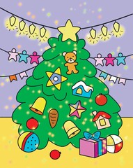 Obraz premium cartoon christmas tree with toys 