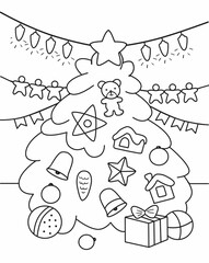 Cartoon Christmas tree and toys for coloring 