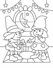 
gnome and girl on New Year's Eve with gifts, for coloring