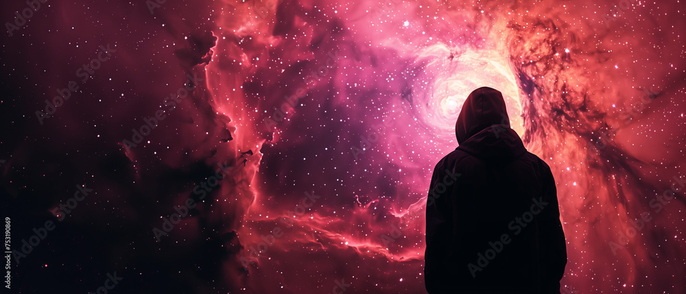 Wall mural a silhouette of a man wearing hoodie against the backdrop of a massive, red and purple galaxy in spa