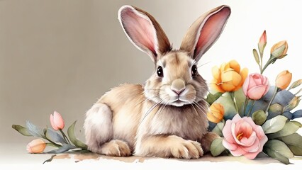 Fototapeta na wymiar Easter bunny with flowers on light background. Watercolor illustration