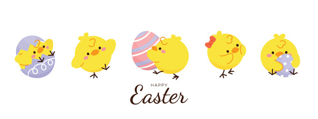 Happy Easter doodle hand drawn background vector. Cute Chick wallpaper of with yellow chicks in different pose, flower, easter element. Chicken illustration for clipart, sticker, card.