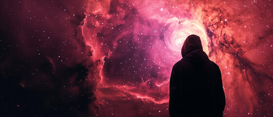 a silhouette of a man wearing hoodie against the backdrop of a massive, red and purple galaxy in space with copy space area