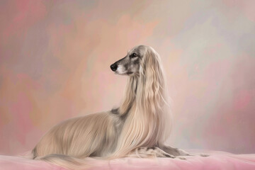 An Afghan Hound exuding grace and beauty against a soft pastel background