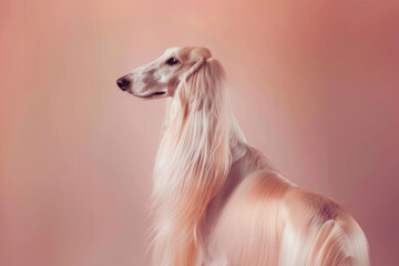 An Afghan Hound exuding grace and beauty against a soft pastel background
