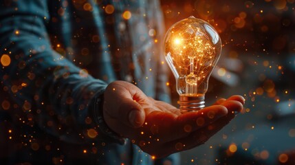 Hand of businessman holding illuminated light bulb with network connection line, idea, innovation and inspiration concept. concept creativity with bulbs that shine glitter.  - obrazy, fototapety, plakaty