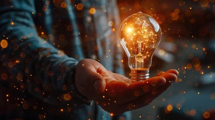 Foto op Plexiglas Hand of businessman holding illuminated light bulb with network connection line, idea, innovation and inspiration concept. concept creativity with bulbs that shine glitter.  © 2D_Jungle
